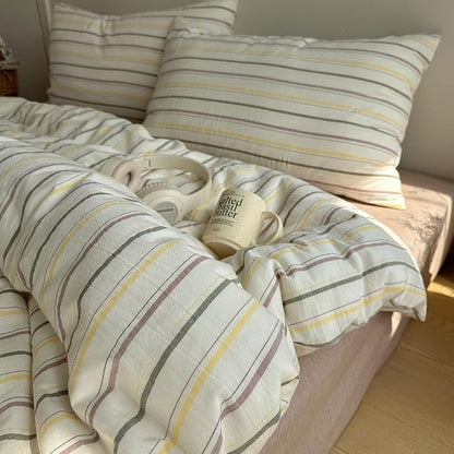 EAVD Retro Striped Duvet Cover Set Twin Size 100% Cotton Chic Stripes Printed Bedding Set with 2 Pillowcases Vintage Geometric Pattern Duvet Cover with Zipper Closure(Yellow&Green&Brown, Twin)