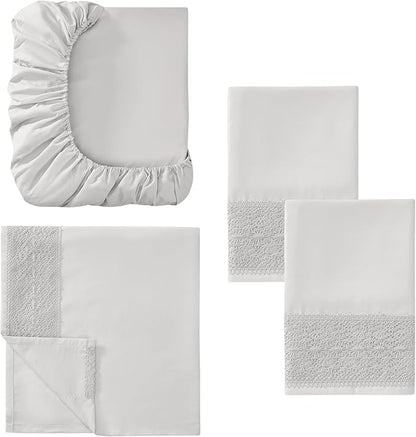 Modern Threads 4 Piece Microfiber Sheet Set – Soft Cooling Bed Sheets with Crochet Lace – Deep Pocket, Wrinkle Free, Breathable, Hotel Luxury Bedding, Light Gray, California King