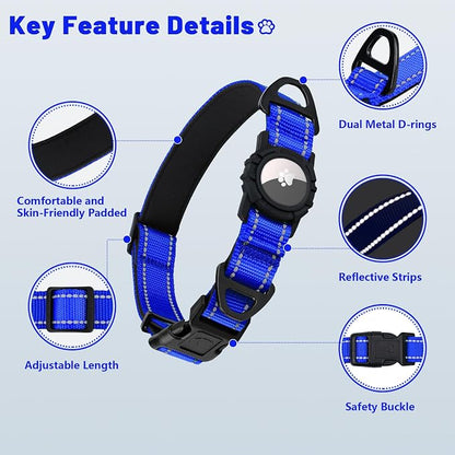 Taglory AirTag Dog Collar with Waterproof Holder for Large Dogs, Navy Blue | Reflective for Night Walks & Low-Light Safety, Track Your Pup Peace of Mind, Adjustable Soft Padded, No More Dangling Tags L