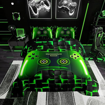 Erosebridal Full Size Game Console Comforter Set for Boys Girls Kids Gamer Bedding,3D Gaming Geometric Check Lightweight Soft Bedding Sets,Neon Green Gamepad Bed Comforter,Black