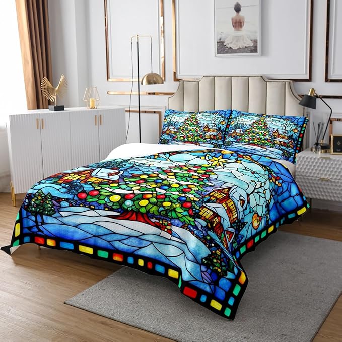 Christmas Trees Bedspread Twin Size,Merry Christmas Happy New Year Snowflake Coverlet Set,Boys Girls Room Decor,Rustic Farmhouse Cabin Pine Quilted Coverlet,Blue Xmas Bedding Quilt,1 Pillowcase