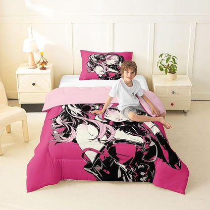 Erosebridal Pink Anime Girls Bedding Cartoon Japanes-Style Comforter Set Twin, Graffiti Street Culture Bed Comforter Set for Kids Teens Youth Watercolor Hippie Style Duvet Set 2Pcs