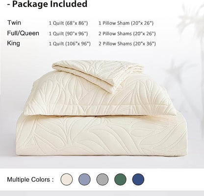 EXQ Home Quilt Set Full Queen Size Beige 3 Piece,Lightweight Soft Coverlet Modern Style Leaf Pattern Bedspread Set(1 Quilt,2 Pillow Shams)