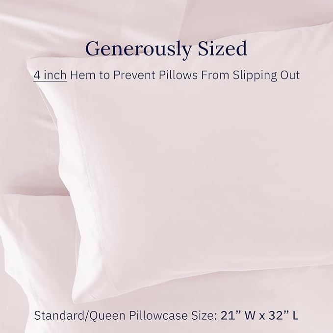 Luxuriously Soft Premium 600 Thread Count, 100% Cotton Set of 2 Cases, Crisp Blush Standard Pillowcases Fits Standard & Queen Pillows (Blush Pink)