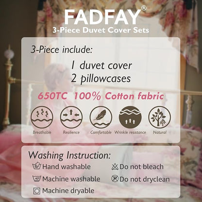 FADFAY Girls Bedding Floral Duvet Cover Set Twin Size Hydrangea Flower 100% Cotton Soft Quilt Cover Set Reversible Zipper Green Blue Bed Cover 3 Piece- No Filling