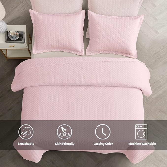 Maple&Stone Quilt Set Queen Size, Lightweight Pink Bedspread Ultrasonic Chevron Pattern Light Coverlet for All Season Comforter Bedding Decor - 3 Piece Full Bed Cover Sets