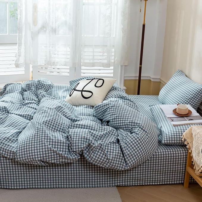 EAVD Blue Gingham Comforter Set Twin XL Soft Fluffy White and Blue Plaid Bedding Set with 2 Pillowcases Modern Grid Plaid Comforter Set Reversible Farmhouse Gingham Bedding Set for All-Season