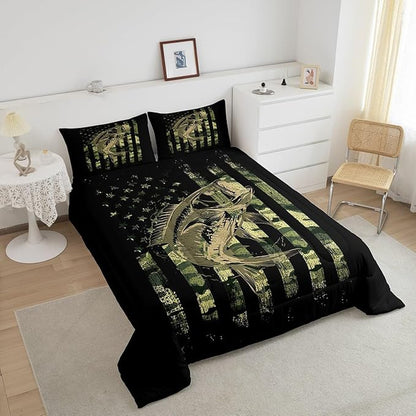 Feelyou Bass Fish Comforter Set Full Size Fisherman Camouflage Bedding Set Pike Fish Camo American Flag Comforter for Women Men Fsihing Lover Room Farmhouse Fishing Bed Set Wild Quilted Set 3Pcs