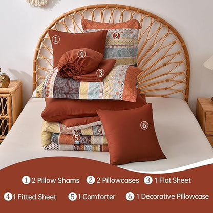 Cottolester Boho Comforter Set King Size,8 Pieces Red and Orange Bohemian Striped Bed in a Bag,Paisley Soft Microfiber Bedding Comforter Set