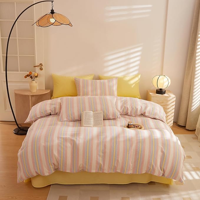 Pink and Yellow Striped Bed Comforter Full Size Fluffy Down Alternative Bedding Set Cute Cozy Washed Cotton Bedroom Bedding Comforter Sets Boho Chic Soft Comfy Bed Comforter with 2 Pillowcases