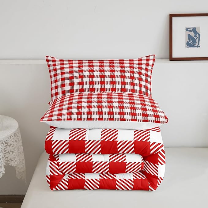 Manfei Red Plaid Bedding Set Queen Size Buffalo Check Plaid Comforter Classic Gingham Pattern Comforter Set Red White Grid Duvet Set 3Pcs Quilt Set 1 Comforter Set with 2 Pillowcase