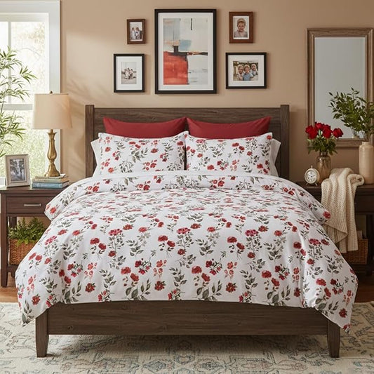 Nayoroom Vintage Floral Comforter Set Queen Size Watercolor Red Flower Botanical Leaf Pattern Spring Bedding Set 3 Pieces Soft Lightweight Aesthetic Garden Comforter for All Seasons