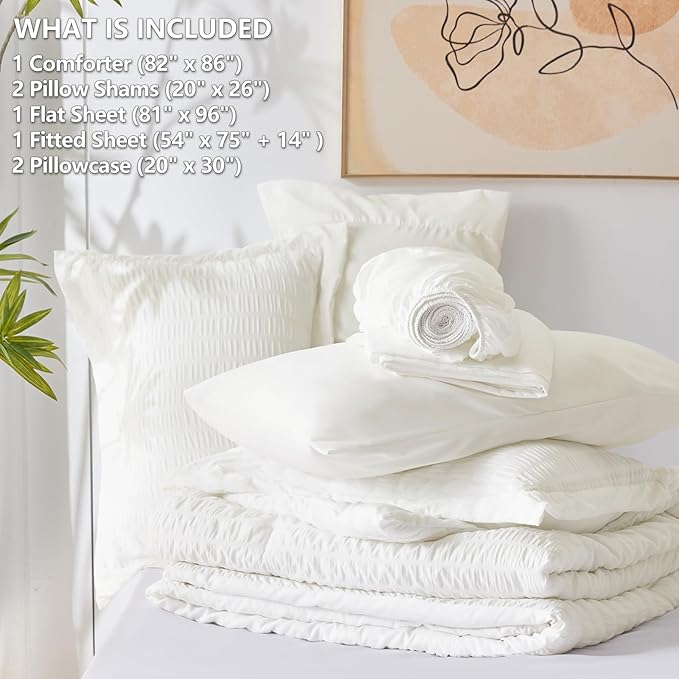 CozyLux Full Size Comforter Sets with Sheets 7 Pieces, Ivory Seersucker Bed in a Bag Textured Luxury Soft Bedding Sets with Down Alternative Comforter, Sheets, Pillowcases & Shams for All Season