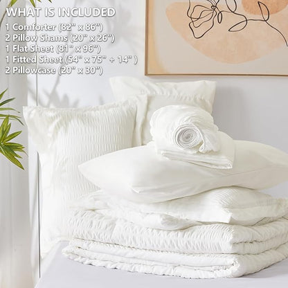 CozyLux Full Size Comforter Sets with Sheets 7 Pieces, Ivory Seersucker Bed in a Bag Textured Luxury Soft Bedding Sets with Down Alternative Comforter, Sheets, Pillowcases & Shams for All Season