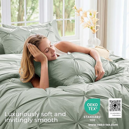 Sasttie California King Comforter Set, 7-Piece Bed in a Bag, Pintuck Bedding Sets for All Season, Includes Comforter, Flat Sheet, Fitted Sheet, Pillowcases and Pillowshams, Dusty Green