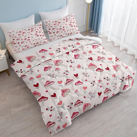 SOULZZZ Pink Mushroom Comforter Set Full Size, Nature Love Plant Trippy Mushroom Bed Set, Hippie Aesthetic Cottage Core 3 Piece Mushroom Comforter Bedding Set Bedroom Decor