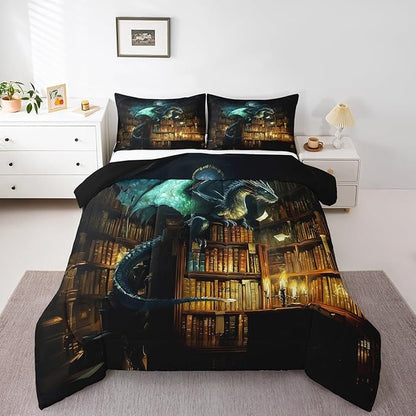 Dragon Boys Kids Comforter Set Full Size,Mysterious Magical Theme Duvet Set Room Decor,Castle Bookshelf Brushed Microfiber Soft Bedding Comforter