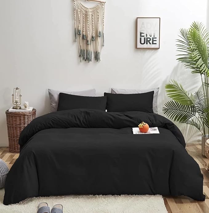 Houseri Black Comforter Set California King 3 Pieces All Black Bedding Cal King Men Women Simple Style Solid Color Bed Sets Plain Colored Blanket Quilts Cali King Lightweight Soft