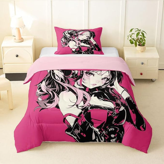 Erosebridal Pink Anime Girls Bedding Cartoon Japanes-Style Comforter Set Twin, Graffiti Street Culture Bed Comforter Set for Kids Teens Youth Watercolor Hippie Style Duvet Set 2Pcs
