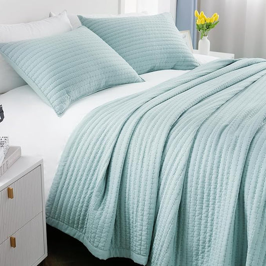 Queen Quilt Set – 90"x90" Soft Washed 3-Layer Lightweight Bedspread with Multi-Lock Quilting, Minimalist Nordic Bedding, All-Season Quilt for Spring, Summer & Fall (1 Quilt + 2 Pillow Shams), Green