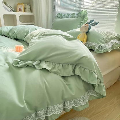 MOOWOO Chic Ruffle Lace Polyester Duvet Cover Set -Girl Green Bedding-3 Piece Full Duvet Cover with Zipper Closure -Ultra Soft and Light Weight