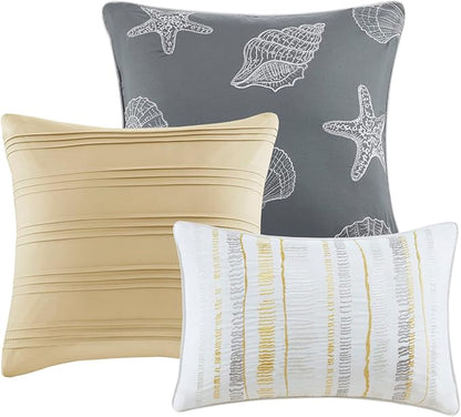 Madison Park Quilt Set Cottage Coastal Design, 6 Piece Set - All Season, Coverlet Bedspread Lightweight Bedding Layer, Shams, Toss Pillows, Full/Queen(90 in x 90 in), Yellow/Grey