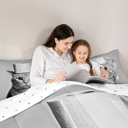Erosebridal Kitten Bedding Set King Size Cat Comforter Set for Kids Boys Girls 3D Kawaii Cute Hat Bowl Black Grey Comforter Warm Soft Quilt Insert