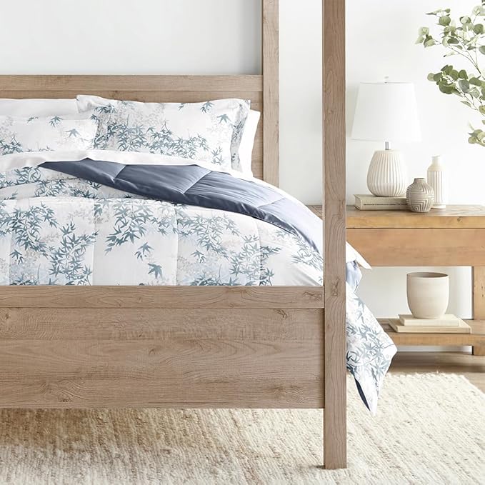LINENS & HUTCH Comforter Set Patterned Microfiber All Season Down-Alternative Ultra Soft Bedding in Bamboo Leaves Blue - King/Cal-King Bamboo Leaves Blue Stone