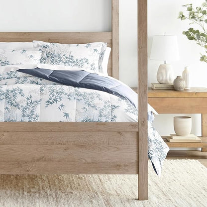 LINENS & HUTCH Comforter Set Patterned Microfiber All Season Down-Alternative Ultra Soft Bedding in Bamboo Leaves Blue - Full/Queen Bamboo Leaves Blue Stone