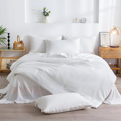 COTTEBED Ultra-Soft Queen Bed Set with Comforter and Sheets - 7 Pieces Bed in a Bag Lightweight All Season, Aesthetic Boho Hotel Polycotton Queen Down Comforter and Bedding Sheet Set Pillowcase White
