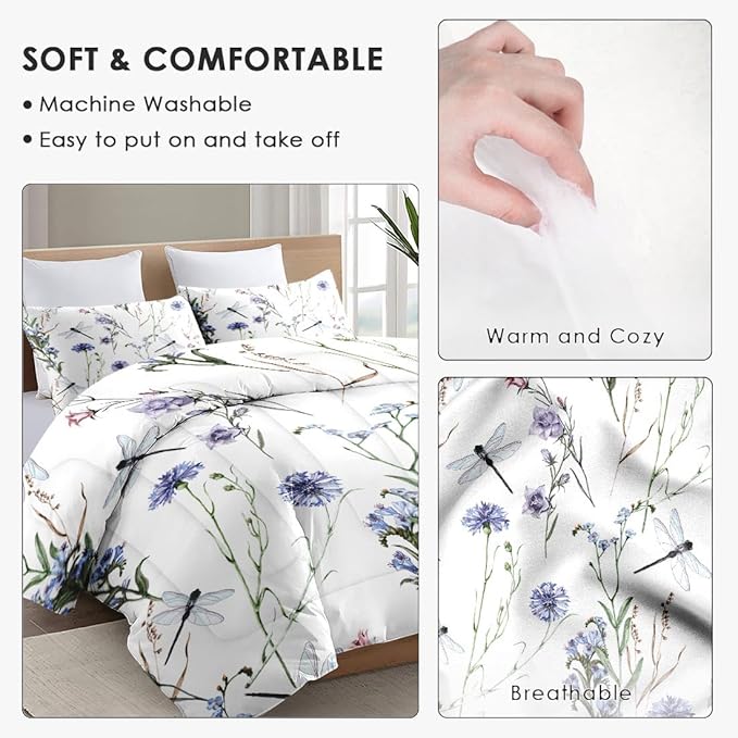 Full Size Comforter Set with 2 Pillowcases, Summer Flower Painting Dragonfly Floral Soft 3 Pcs Bedding for Kids and Adults Bedroom Bed Decor