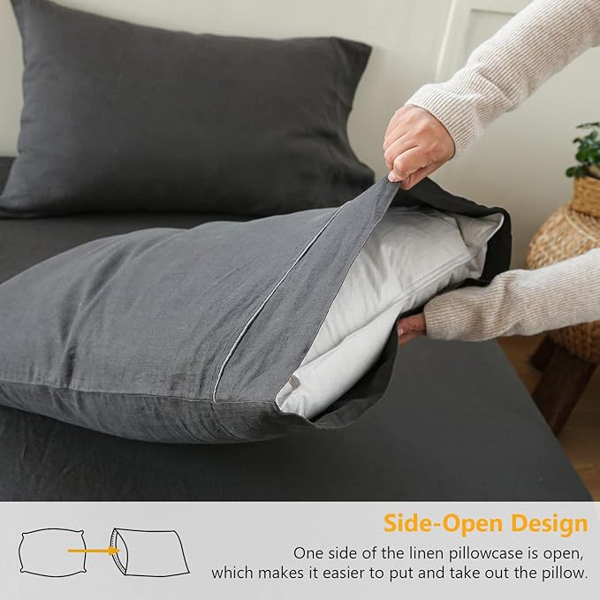 Simple&Opulence 100% French Linen Pillowcase King Size-Set of 2- Washed Solid Color Pillow Cases Embroidered -Soft and Durable (Dark Grey, 20''x40'')