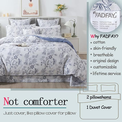 FADFAY Duvet Cover Set Full Floral Bedding Percale Cotton 600 TC Classical Toile Luxury Reversible Light Blue Shabby Vintage Farmhouse Bedding Minimalist Chic Comforter Cover Soft Breathable 3Pcs