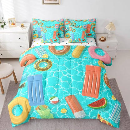 Swimming Pool Bedding Sets Watermelon Fruit Decor Summer Theme Comforter Set for Kids Teens Adults Bed in a Bag(Comforter Flat Sheet Fitted Sheet 2 Pillowcases 2 Throw Pillow Covers) 7 Pcs King