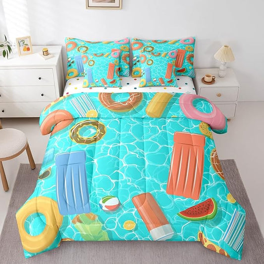7 Pcs Swimming Pool Bedding Sets Cartoon Colorful Swimming Rings Comforter Set for Kids Teens Adults All Season (Comforter Flat Sheet Fitted Sheet 2 Pillowcases 2 Throw Pillow Covers) Queen