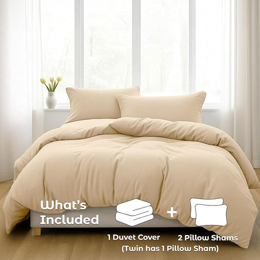 Pure Bedding Duvet Cover Twin [2-Piece, Beige] - 1 Comforter Protector with Zipper Flap and 1 Pillowcase - Hotel Luxury 1800 Brushed Microfiber - Ultra Soft, Cool and Breathable Comforter Cover