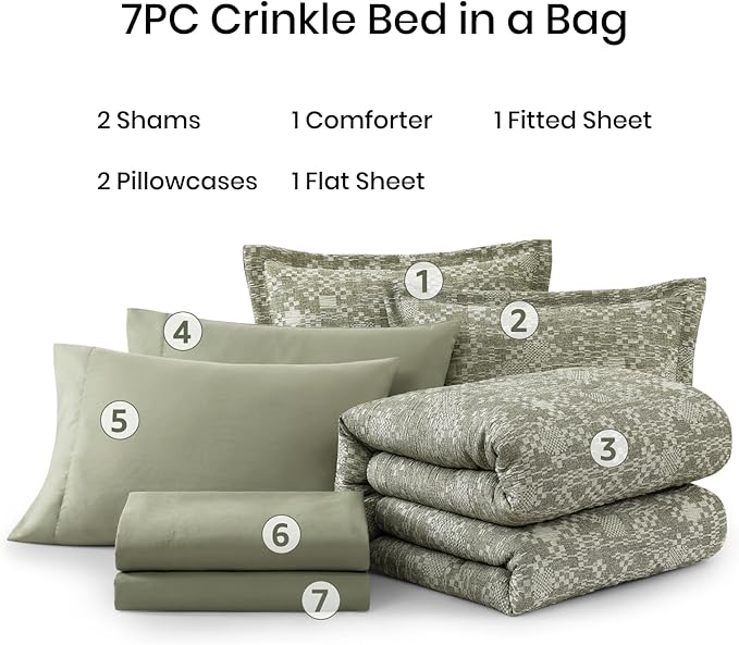 MaiRêve Queen Comforter Set Olive Green, Crinkle Textured Design Bedding Set 7 Pieces Bed in A Bag, All Season Farmhouse Comforter Set with Sheets, Pillowcases & Shams