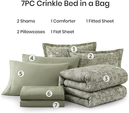 MaiRêve Full Size Comforter Set Olive Green, Crinkle Textured Design Bedding Set 7 Pieces Bed in A Bag, All Season Farmhouse Comforter Set with Sheets, Pillowcases & Shams