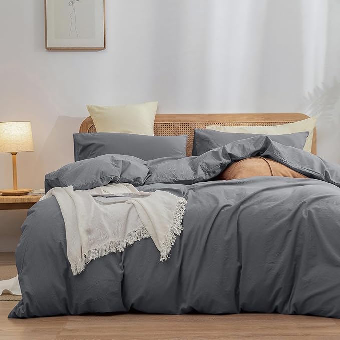 BESTOUCH Duvet Cover Set 100% Washed Cotton Linen Feel Super Soft Comfortable Chic Lightweight 3 PCs Home Bedding Set Solid Quiet Shade Grey Full/Double
