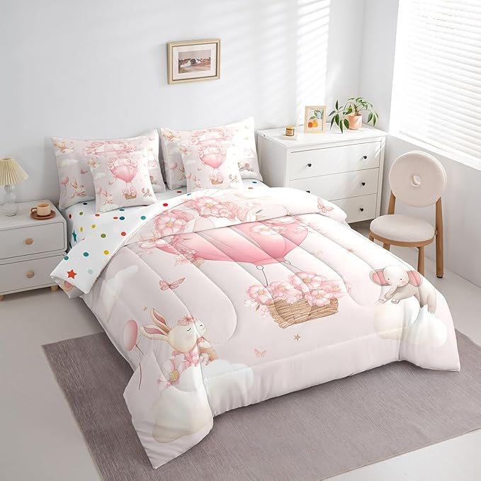 Pink Floral Hot Air Balloon Comforter Set King Size,Cute Animal Rabbit Elephant Bed Set 7pcs with Comforter,Fitted Sheet,Flat Sheet,2 Pillowcases,2 Throw Pillow Covers,Butterfly Bedding Set