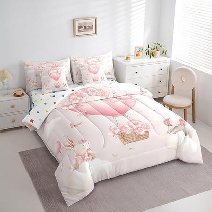 Pink Floral Hot Air Balloon Comforter Set King Size,Cute Animal Rabbit Elephant Bed Set 7pcs with Comforter,Fitted Sheet,Flat Sheet,2 Pillowcases,2 Throw Pillow Covers,Butterfly Bedding Set
