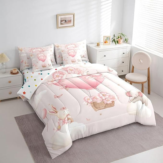 Pink Floral Hot Air Balloon Comforter Set King Size,Cute Animal Rabbit Elephant Bed Set 7pcs with Comforter,Fitted Sheet,Flat Sheet,2 Pillowcases,2 Throw Pillow Covers,Butterfly Bedding Set