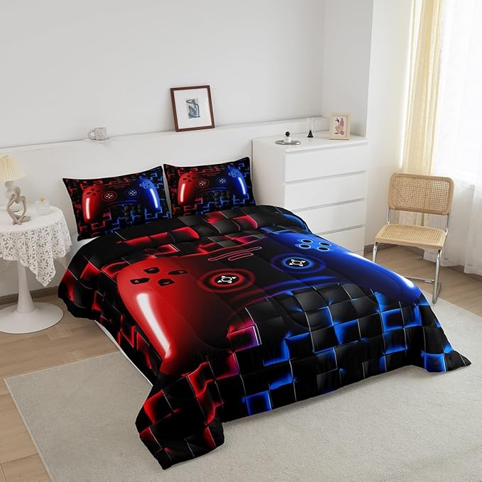 Erosebridal Gaming Bedding Sets for Boys,Full Size Comforter Sets for Boys Girls Kids 3D Gamer Geometric Comforter,Game Console Lightweight Microfiber Duvet Quilt,Neon Red Blue Black Glowing