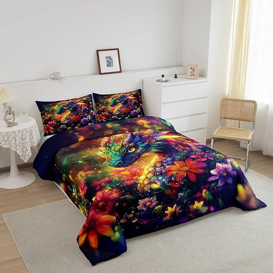 Feelyou Dragon Comforter Set Toddler Size Shiny Dragon Comforter for Boys Girls Teens Wild Life Bedding Set Dragon Decor Duvet Set Room Decor Muticolor Quilt Set