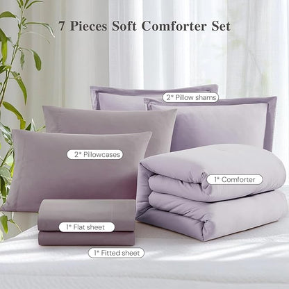 WRENSONGE Queen Comforter Set - 7 Pieces Lilac Soft Bed in a Bag Queen with Sheets, 2 Pillow Shams, and 2 Pillowcases- Warm Bedding Sets for All Season