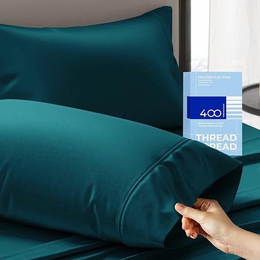 THREAD SPREAD 100% Cotton Pillow Cases Queen Size Set of 2 - Luxury 400 Thread Count Queen Pillow Cases (Teal), Soft Cooling Breathable Hotel Quality Cotton Pillowcases, Fits Standard Pillows