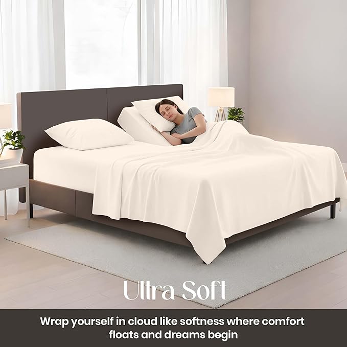 SGI bedding Adjustable Split Head Flex Top Queen 34" Microfiber Sheet Set Ultra Soft, Cooling & Deep Pocket 15 Fitted, 4-Piece Breathable & Durable Bedding Set for Split Queen Beds -Butter