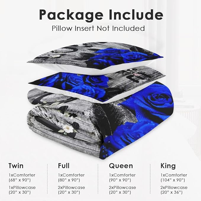 Twin Size Comforter Set with Pillowcase, Dark Blue Rose Flower 2 Pcs Bedding for Kids and Adults, Summer Vintage Woodboard Soft Comforter Set for Bedroom Bed Decor