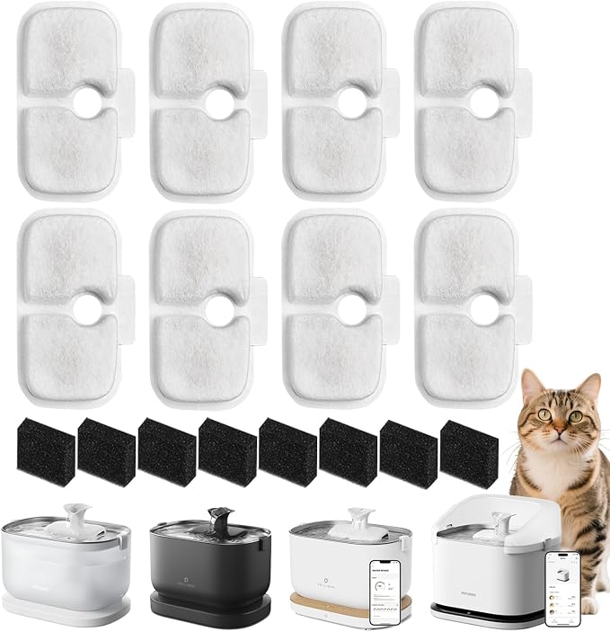 Cat Water Fountain Filter Replacements, 4 Months Set of Replacement Filters | 8 Pack Filters Individually Wrapped Easy-to-Replace Multi-Layer Filtration for Dockstream PLWF105/PLWF115/PLWF005 Fountain