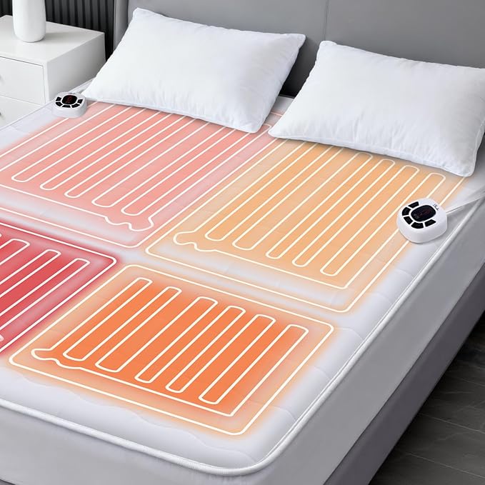 King Size Multi Zone Electric Heated Mattress Pad - Bed Warmer with Memory & Preheat Functions, 10 Heat Settings Dual Control for 1-12 Hours Auto Off, Lighted Button